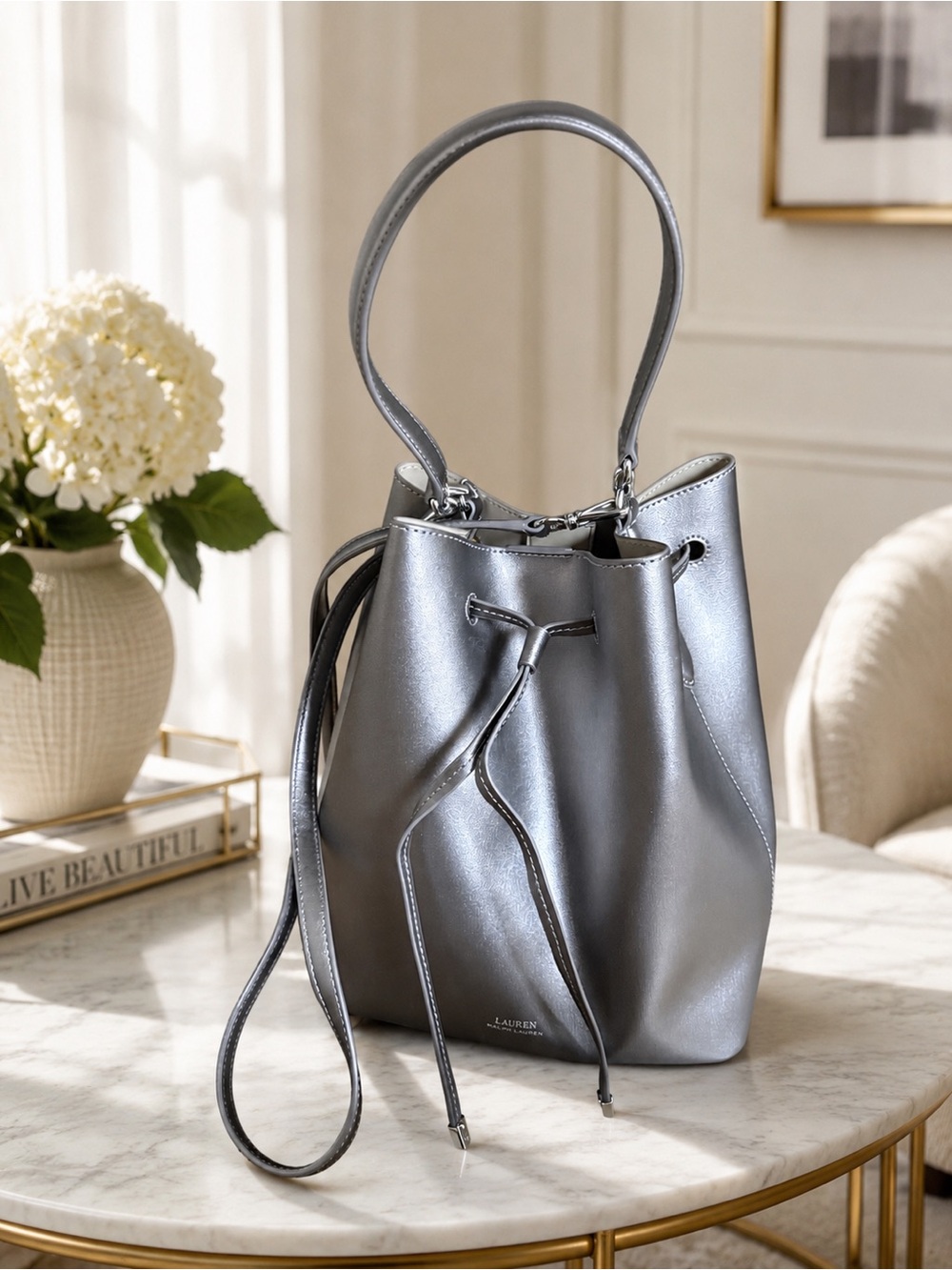 Lauren By Ralph Lauren Genuine Leather Pewter Bucket Bag